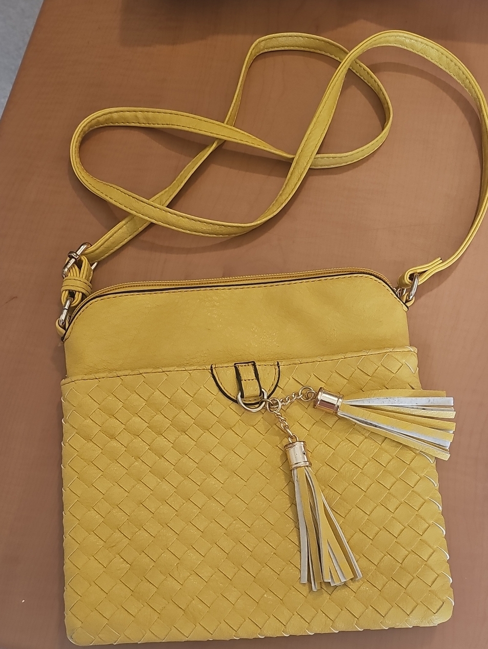 Yellow Woven Crossbody Bag with Tassel Accent